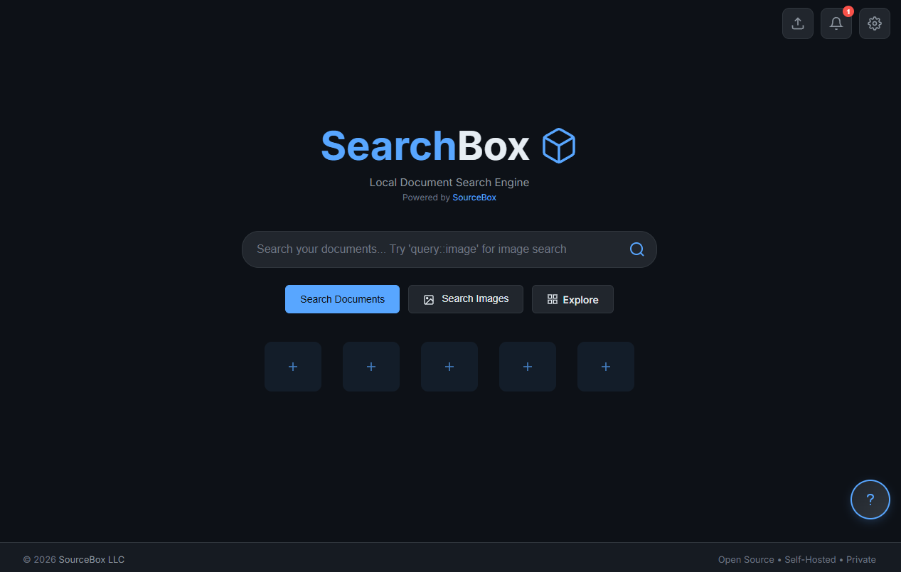 SearchBox home screen — a single search bar over a clean, dark interface